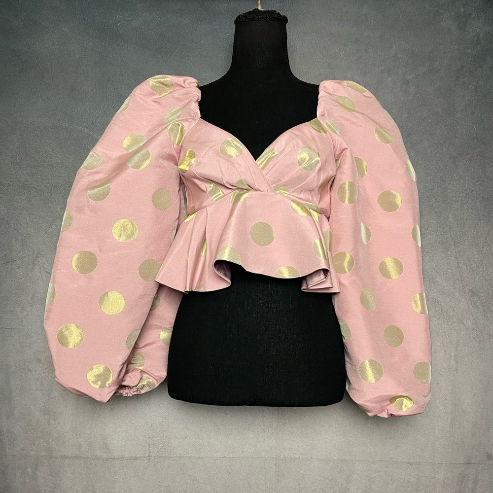Sister Jane pink puff sleeve crop top with gold polka dots size xs